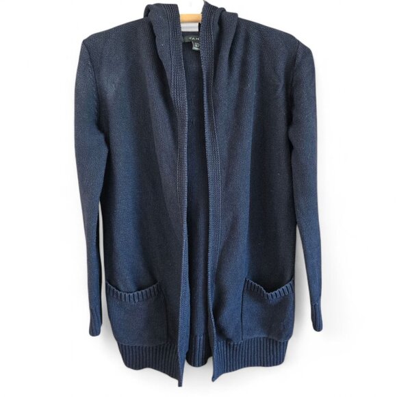 Tahari Sweaters - Tahari Womens Medium Navy Blue Hooded Knit Cardigan With Pockets